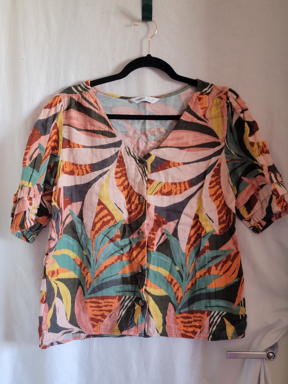 Sonoma Cotton Tropical Leaf Button-Front Top in Coral, Teal & Mustard